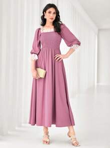 Modelyn Square Neck Contrast Lace A-line Dress