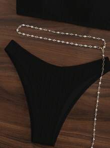 Swim Basics Bañador bikini liso con cadena con cinturón - Negro - Ver 4