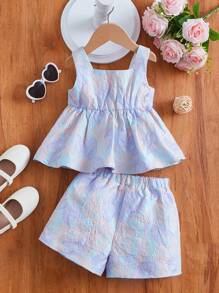 SHEIN 小女童提花花邊下擺上衣和短褲 - 彩色 - 查看 1