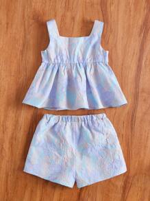 SHEIN 小女童提花花邊下擺上衣和短褲 - 彩色 - 查看 2