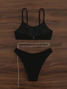 Swim Basics Bañador bikini liso con cadena con cinturón - Negro - Ver 5