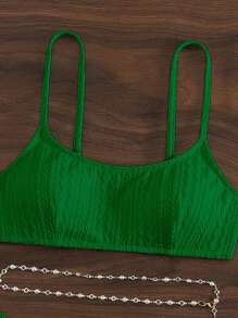 SHEIN Swim Summer Beach Plain Chain Belted Bikini Set - Green - View 3