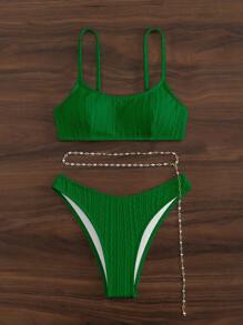 SHEIN Swim Summer Beach Plain Chain Belted Bikini Set - Green - View 4