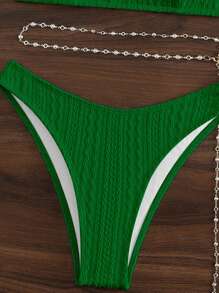 SHEIN Swim Summer Beach Plain Chain Belted Bikini Set - Green - View 5