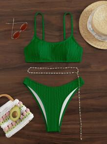 SHEIN Swim Summer Beach Plain Chain Belted Bikini Set - Green - View 7
