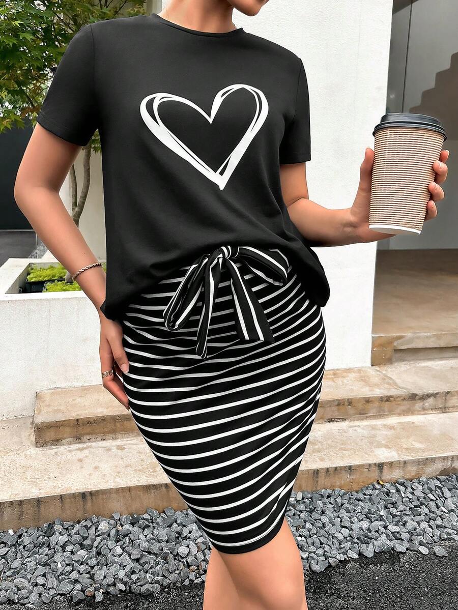 SHEIN Maternity Heart Print Tee & Striped Print Knot Front Skirt - Black - View 1