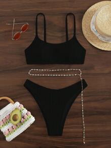 Swim Basics Bañador bikini liso con cadena con cinturón - Negro - Ver 6