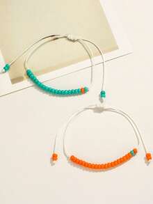 2 piezas set pulseras de hilo encerado con cuentas grandes en azul y naranja para parejas - Multicolor - Ver 2