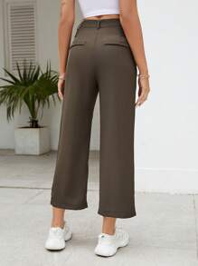SHEIN PETITE Solid Slant Pocket Straight Leg Cropped Trousers - Chocolate Brown - View 2