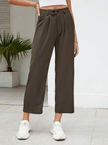 SHEIN PETITE Solid Slant Pocket Straight Leg Cropped Trousers - Chocolate Brown - View 3