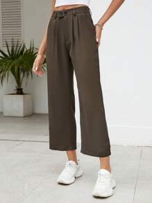 SHEIN PETITE Solid Slant Pocket Straight Leg Cropped Trousers - Chocolate Brown - View 4