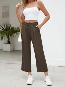 SHEIN PETITE Solid Slant Pocket Straight Leg Cropped Trousers - Chocolate Brown - View 5