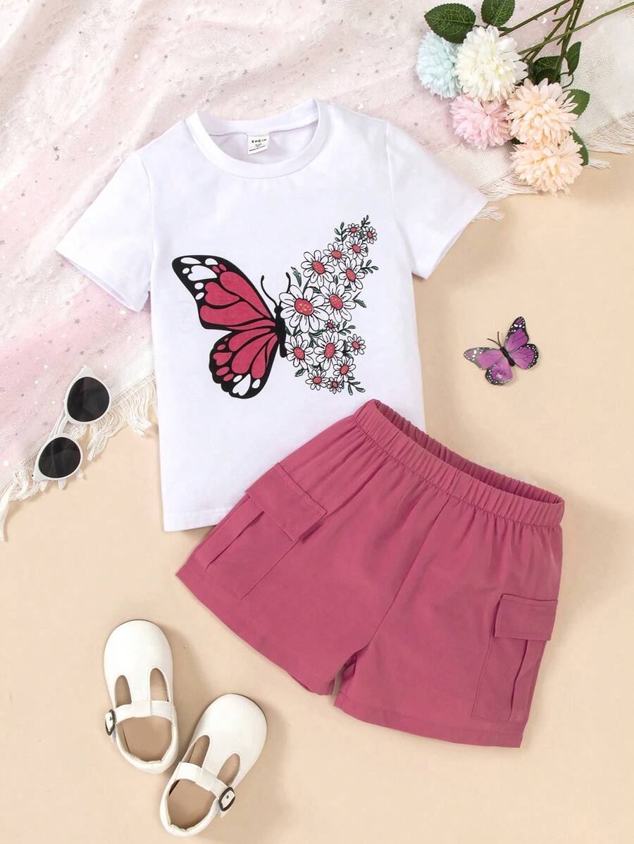SHEIN 年輕女孩蝴蝶印花t恤和袋蓋式短褲