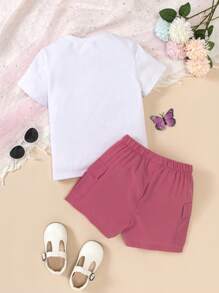 SHEIN 年輕女孩蝴蝶印花t恤和袋蓋式短褲