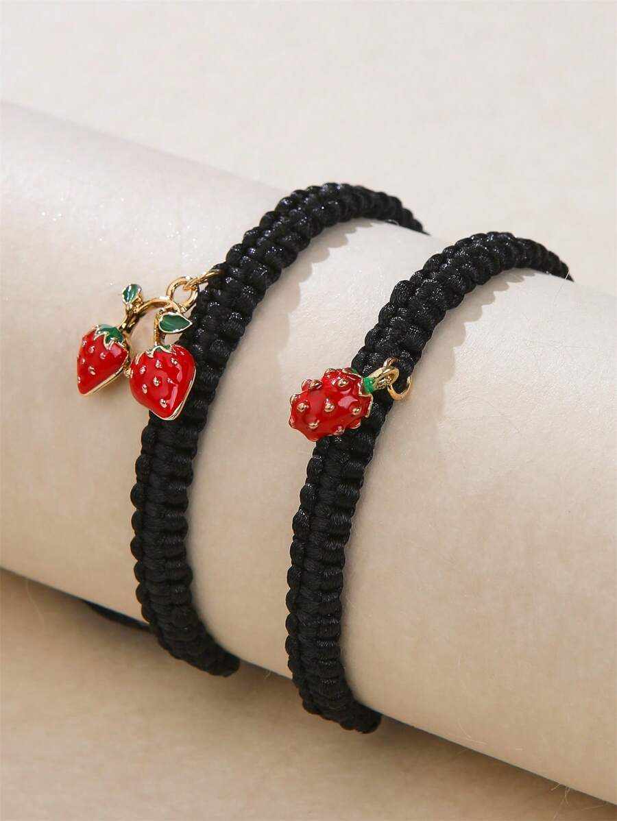 2入組彩色琺瑯甜美風草莓可調節友誼細繩手鏈適用於情侶和最好朋友 - 彩色 - 查看 1