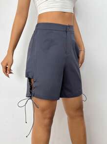 SHEINNeu Lace Up Side Solid Shorts - Dark Grey - View 4