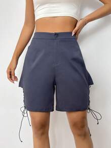 SHEINNeu Lace Up Side Solid Shorts - Dark Grey - View 5