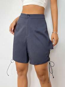 SHEINNeu Lace Up Side Solid Shorts - Dark Grey - View 1