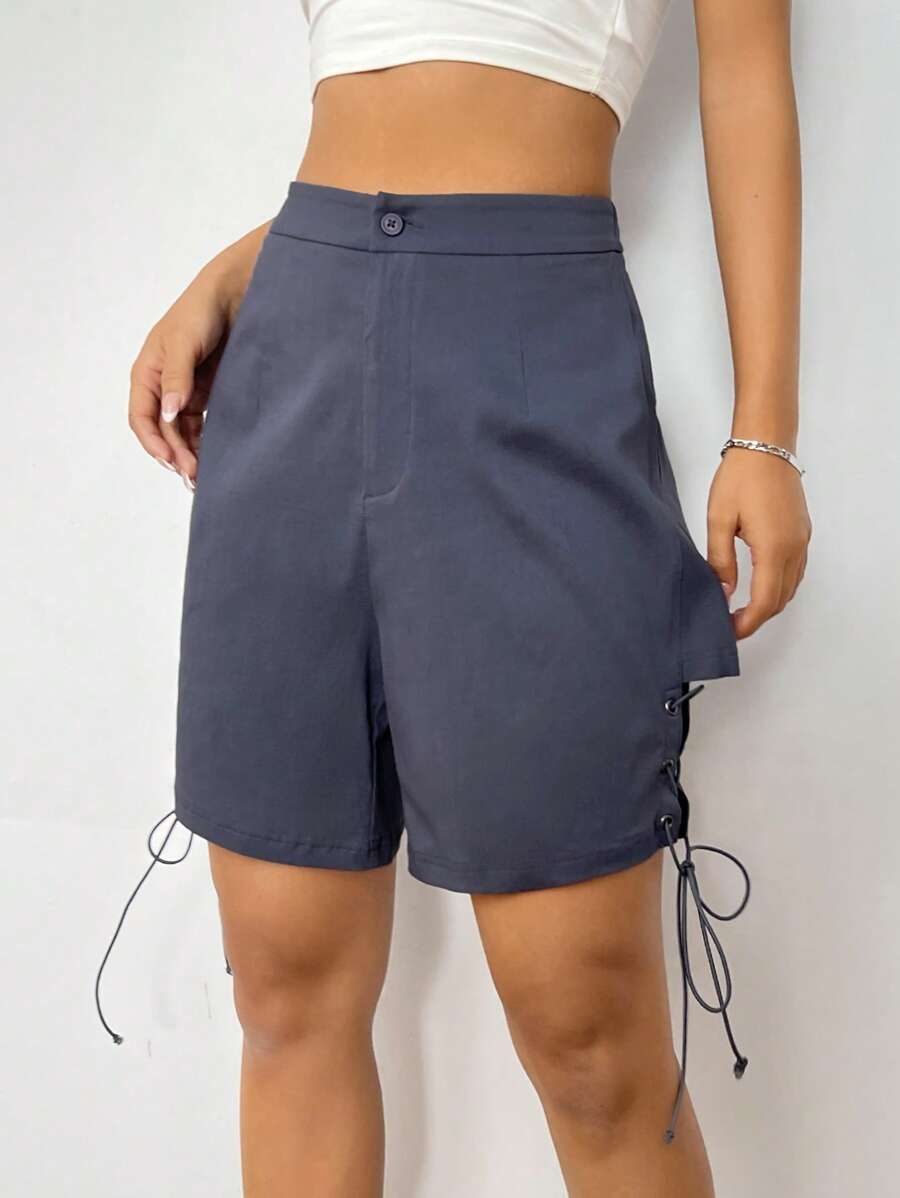 SHEINNeu Lace Up Side Solid Shorts - Dark Grey - View 1