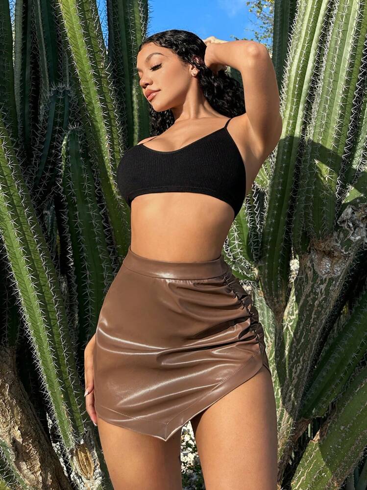 SHEIN SXY אסימטרי מרופט רוכסן פשוט סקסי חצאית - חום - ראה 3