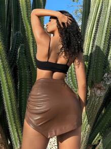 SHEIN SXY Ruched PU Asymmetrical Hem Skirt - Brown - View 2