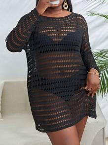 Slaydiva Summer Beach Plus Hollow Out Drop Shoulder Open Knit Cover Up Dress Without Bikini Set - Black - View 1