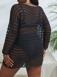 Slaydiva Summer Beach Plus Hollow Out Drop Shoulder Open Knit Cover Up Dress Without Bikini Set - Black - View 2