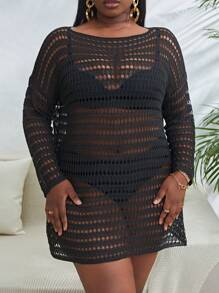 Slaydiva Summer Beach Plus Hollow Out Drop Shoulder Open Knit Cover Up Dress Without Bikini Set - Black - View 3