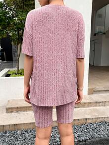 SHEIN Maternity Drop Shoulder Tee & Cycling Shorts - Mauve Purple - View 2