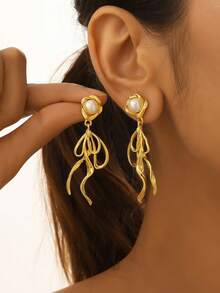 1 对法式蝴蝶结流苏珍珠耳钉，女士正式派对珠宝 - 金黃色 - 查看 1