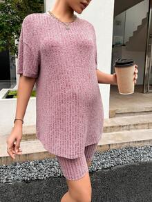 SHEIN Maternity Drop Shoulder Tee & Cycling Shorts - Mauve Purple - View 3