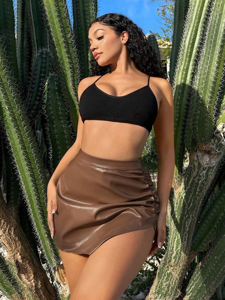 SHEIN SXY אסימטרי מרופט רוכסן פשוט סקסי חצאית - חום - ראה 6