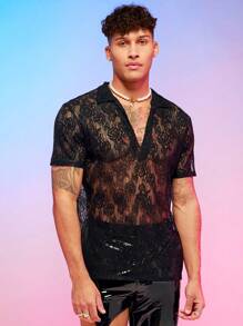 Manfinity RebelGame Men Solid Sheer Lace Polo Shirt - Black - View 1