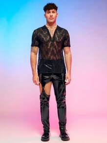 Manfinity RebelGame Men Solid Sheer Lace Polo Shirt - Black - View 3