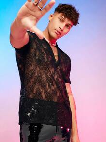 Manfinity RebelGame Men Solid Sheer Lace Polo Shirt - Black - View 4