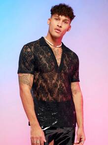 Manfinity RebelGame Men Solid Sheer Lace Polo Shirt - Black - View 5