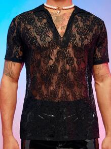 Manfinity RebelGame Men Solid Sheer Lace Polo Shirt - Black - View 6