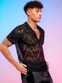 Manfinity RebelGame Men Solid Sheer Lace Polo Shirt - Black - View 7