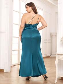 Plus One Shoulder Ruched Split Thigh Satin Dress - Teal Blue - View 2