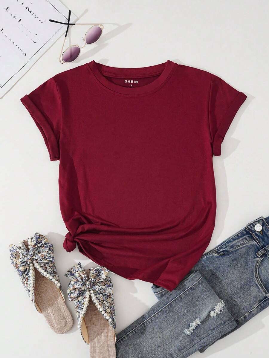 INAWLY Solid Round Neck Tee - Burgundy - View 1
