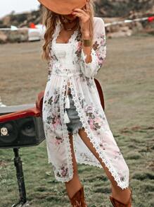 Breezaya Kimono Nữ Tương phản ren Chia Thắt nơ trước Hoa - trắng - Xem 4