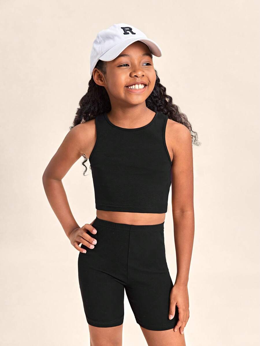 SHEIN Girls Solid Tank Top & Cycling Shorts - Black - View 1