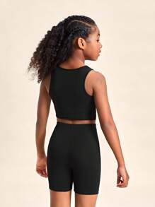 SHEIN Girls Solid Tank Top & Cycling Shorts - Black - View 2