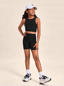SHEIN Girls Solid Tank Top & Cycling Shorts - Black - View 3