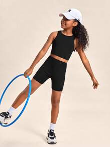 SHEIN Girls Solid Tank Top & Cycling Shorts - Black - View 4