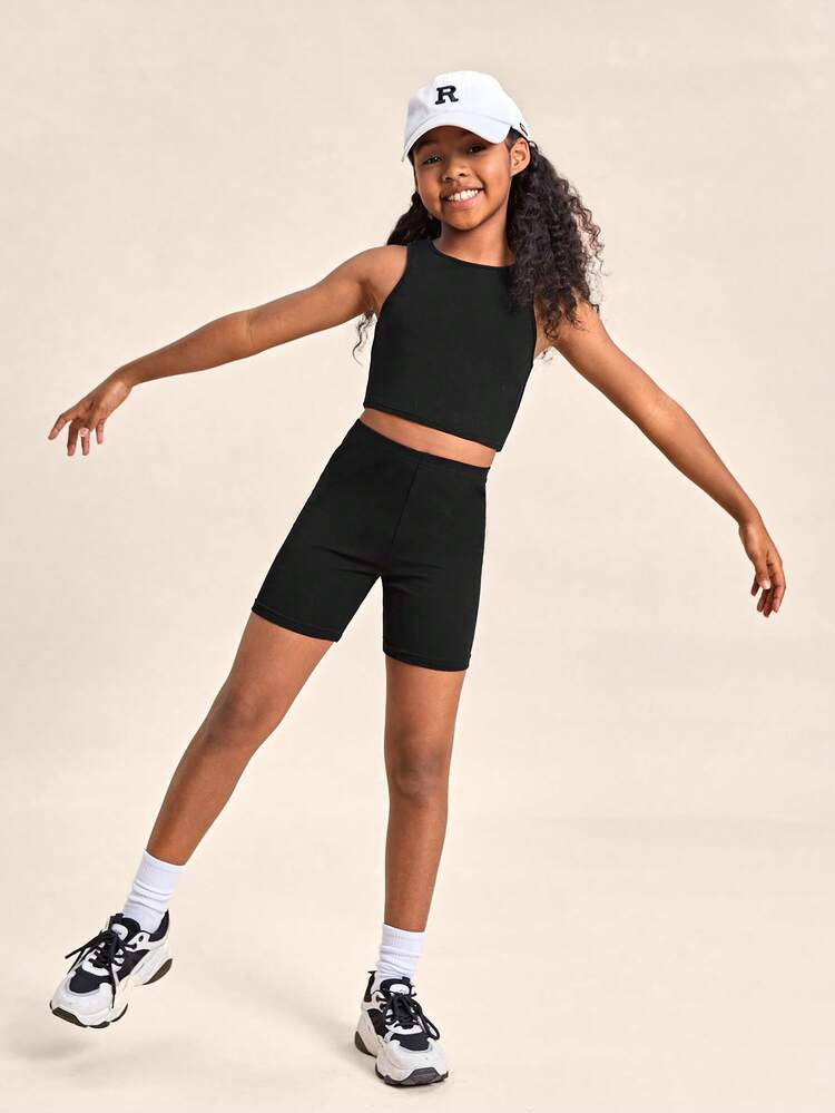 SHEIN Girls Solid Tank Top & Biker Shorts - Black - View 5