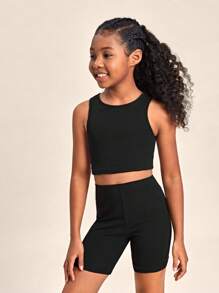 SHEIN Girls Solid Tank Top & Cycling Shorts - Black - View 6