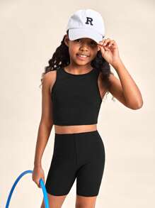 SHEIN Girls Solid Tank Top & Cycling Shorts - Black - View 7