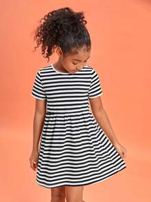 SHEIN Girls Striped Smock Dress - Black and White - View 3