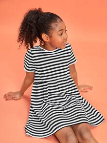 SHEIN Girls Striped Smock Dress - Black and White - View 4